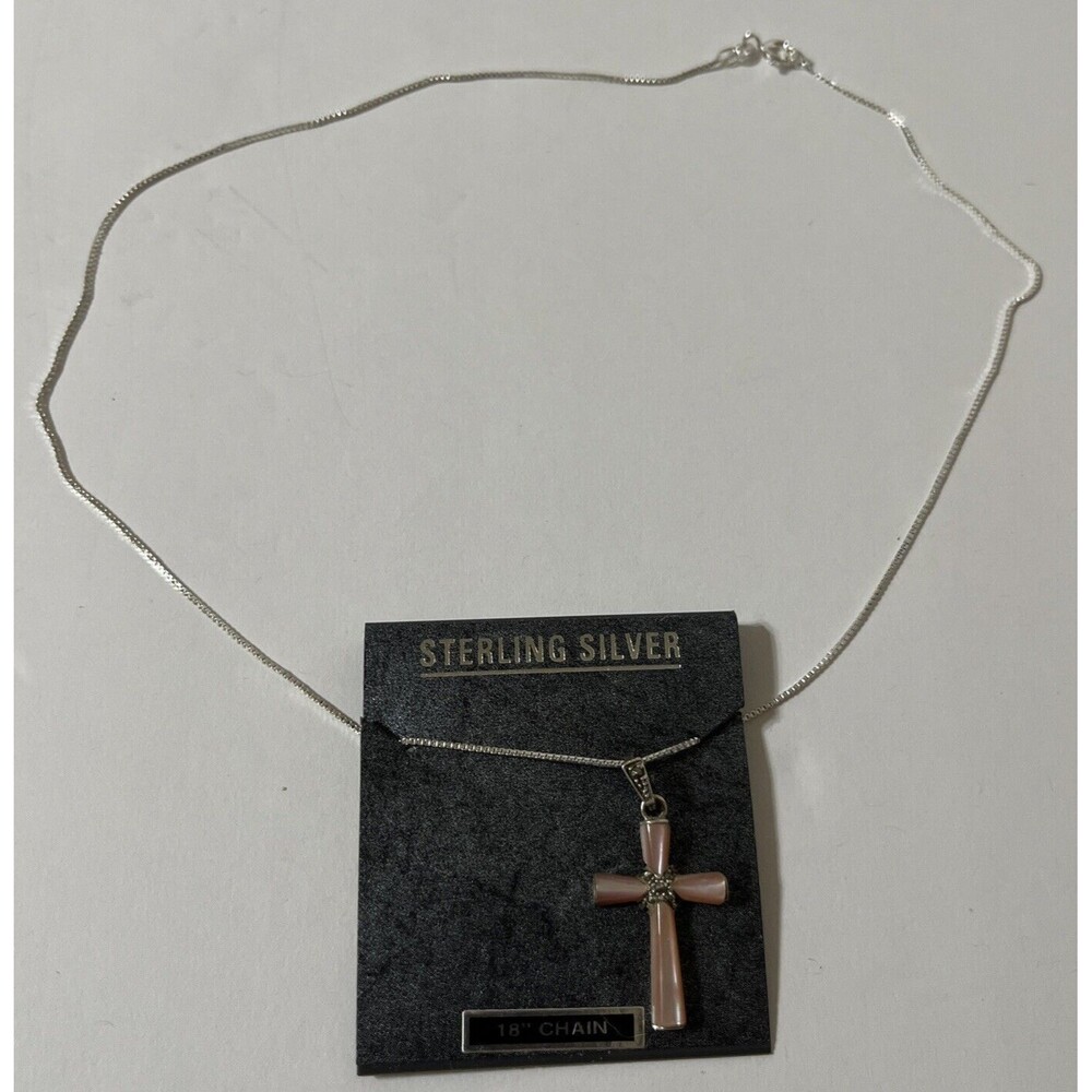 Sterling Silver 18” Chain With Pink Inlay Cross..